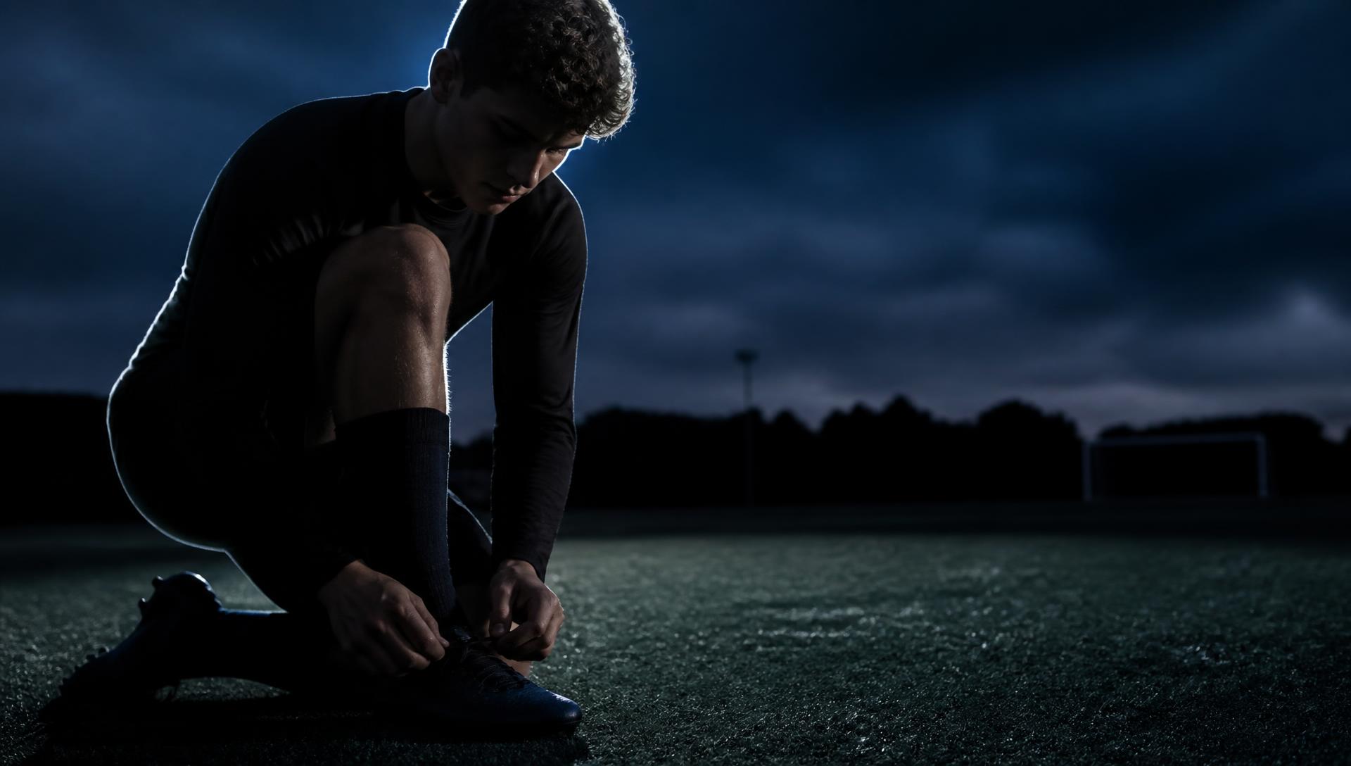 Jonge sporter strikt zijn schoenen op een leeg veld bij dageraad