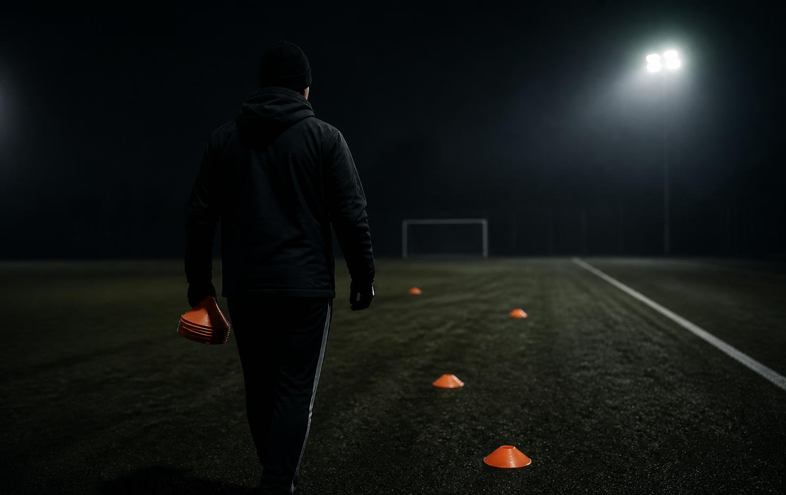 Coach zet pionnen neer op een verlicht trainingsveld